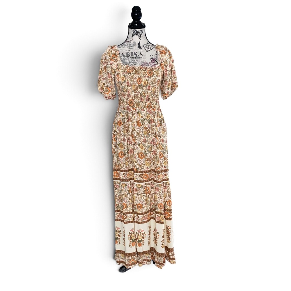 Kindred Maxi Dress Womens M Multicolor Floral Smocked Puff Sleeve Boho Tiered